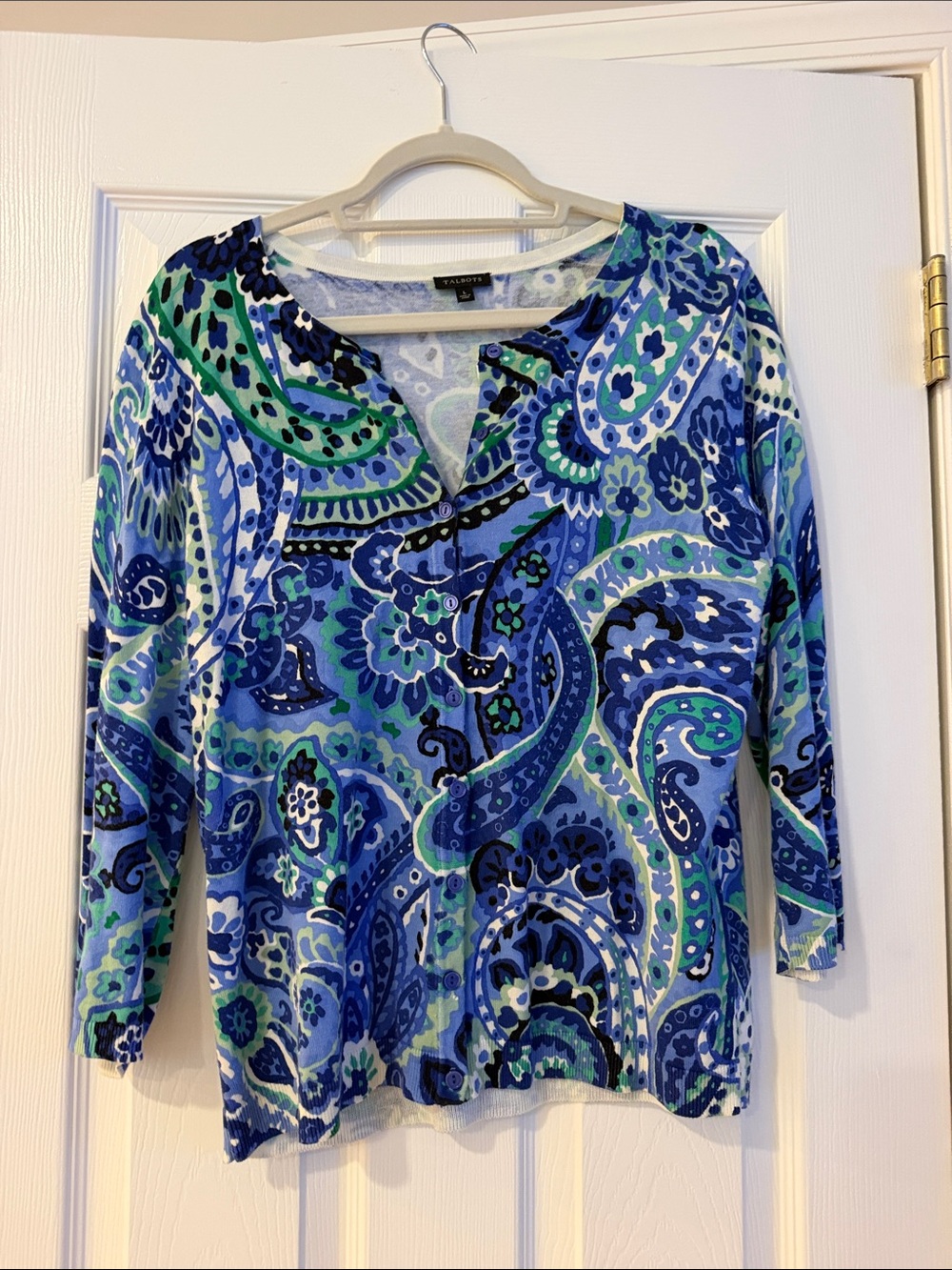 Talbots Blue & Green Paisley V-Neck Long Sleeve Top